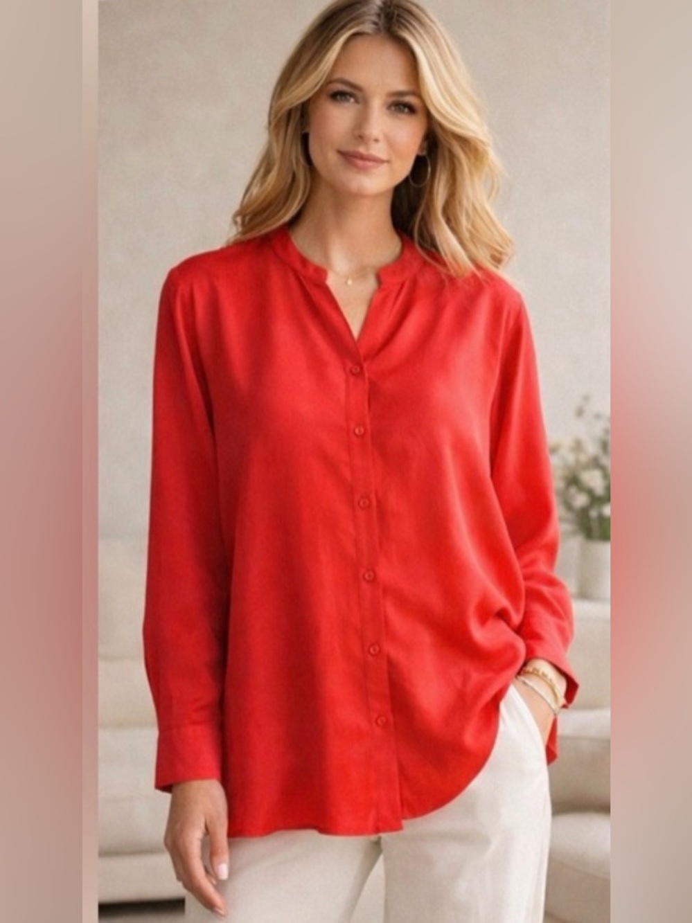 Eileen Fisher Cupro Blouse Red Button Up Minimalist Luxe Top Size L